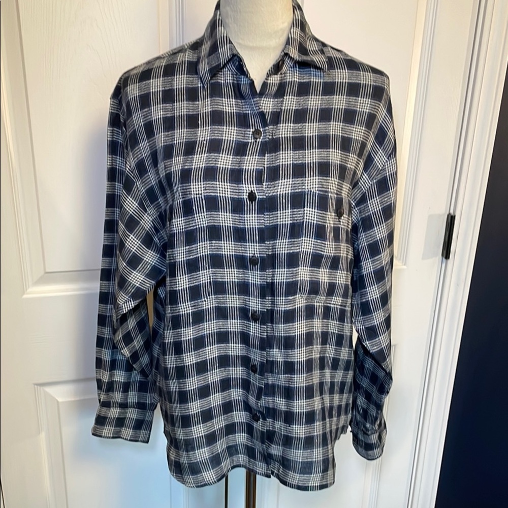 Vintage Anne‎ Klein II 100% Linen Shirt Button Down Collared Blue Plaid